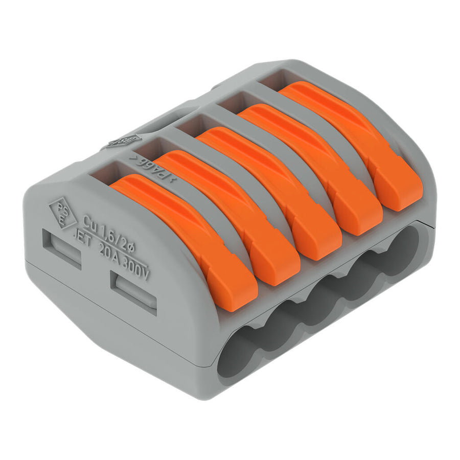 Connecteur d’épissurage à leviers 5 conducteurs, 2.5 mm², gris, pour tous types de conducteurs – WAGO 222-415