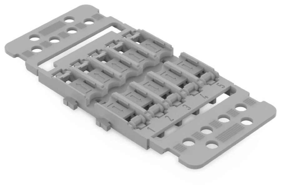 Support de montage avec décharge de traction 5 voies, pour connecteur d’épissurage en ligne avec levier, avec pied de montage encliquetable, gris – WAGO 221-2515 – lot de 5