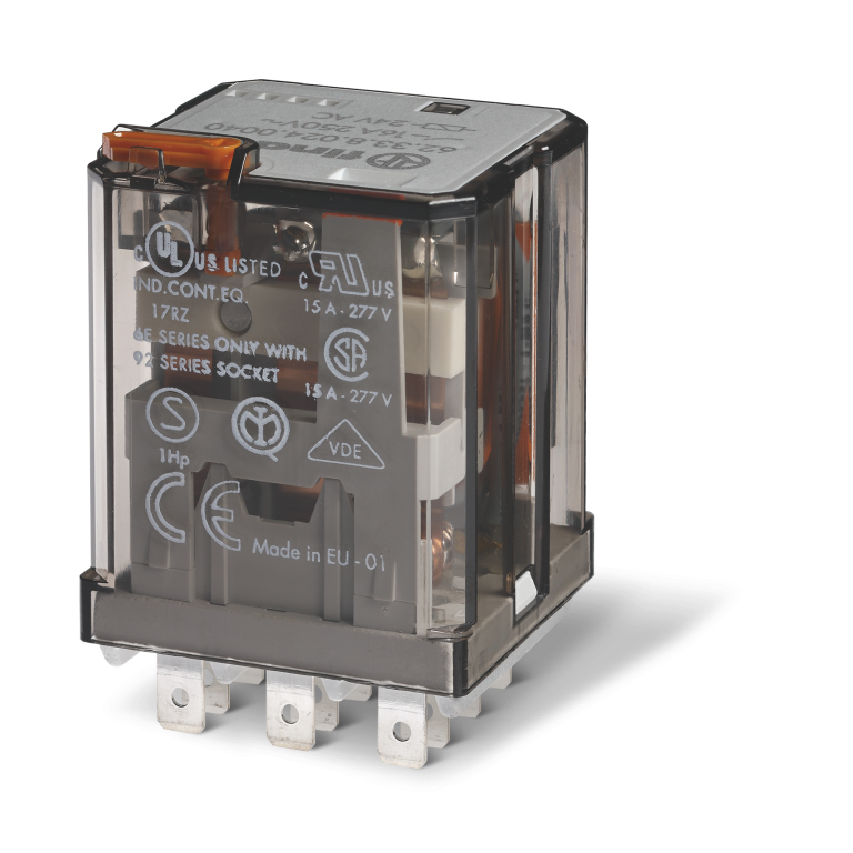 Relais de puissance Faston 187, 3RT, 16A, 24VDC, AgCdO, bouton de test, indicateur mécanique – FINDER 623390240040 – lot de 10