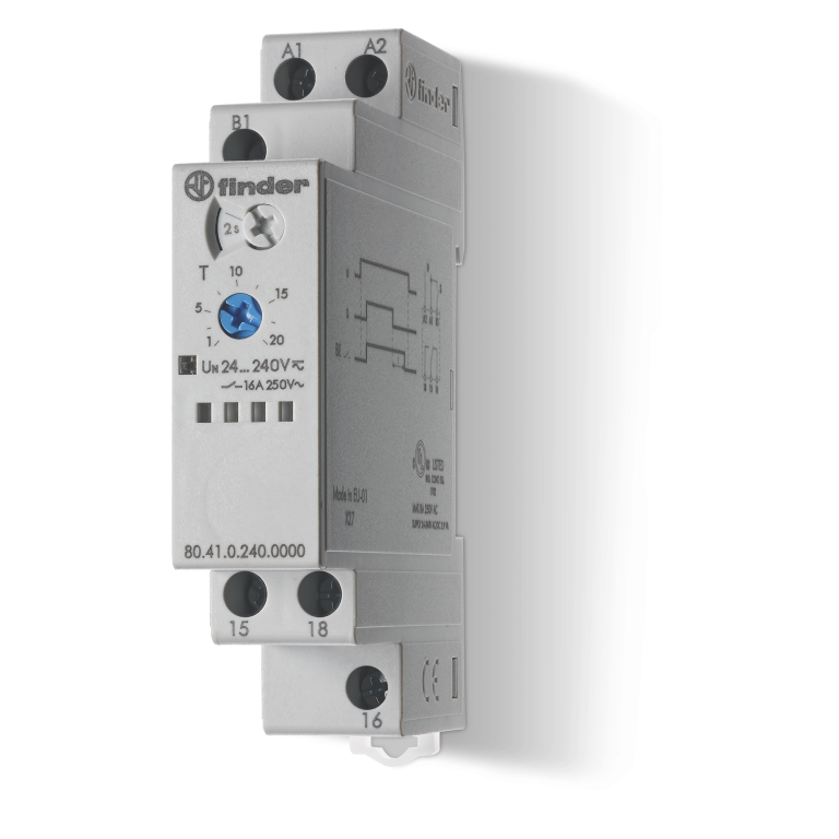 Relais temporisé modulaire retard à la coupure+signal de commande(BE), 17.5mm, 1CO, 16A, 24...240VUC – FINDER 804102400000 – lot de 5