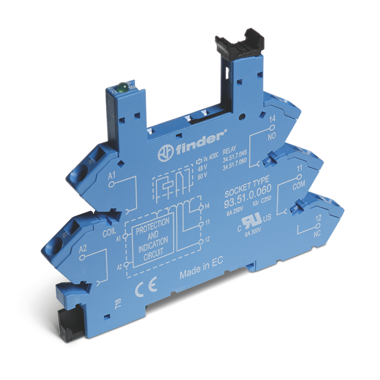 Socle relais à bornes à cage bleu 6+12+, 24VUC, pour rail de 35 mm, rail, 34.51 – FINDER 93510024 – lot de 10