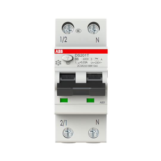 DS201AT-B6/0,03 FI/LS-Schalter 6kA, 1P+N, Typ A, Bahn, B6, 30mA – ABB 2CSR255188R1065