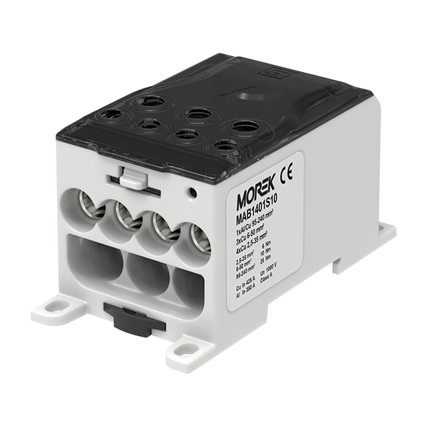 Répartiteur unipolaire OJL400A noir entrée 1xAl/Cu240 sortie 4x35/3x50mm² – MOREK MAB1401S10