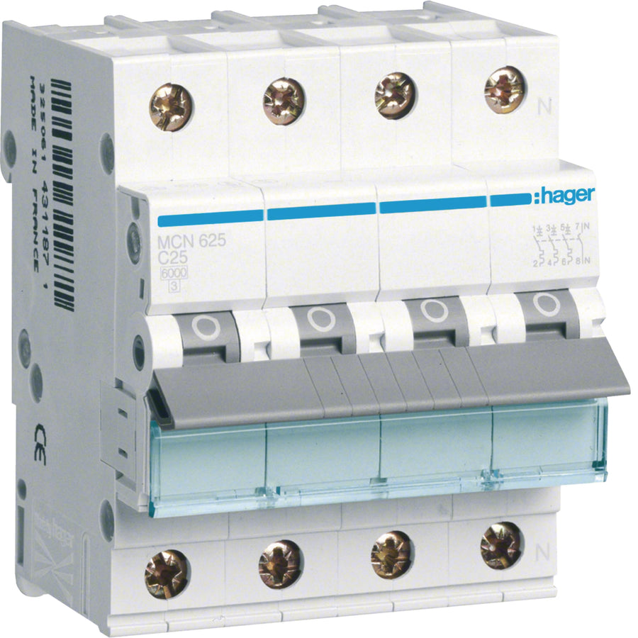 Disjoncteur 3P+N, 6 kA C-25 A, 4M – Hager MCN625