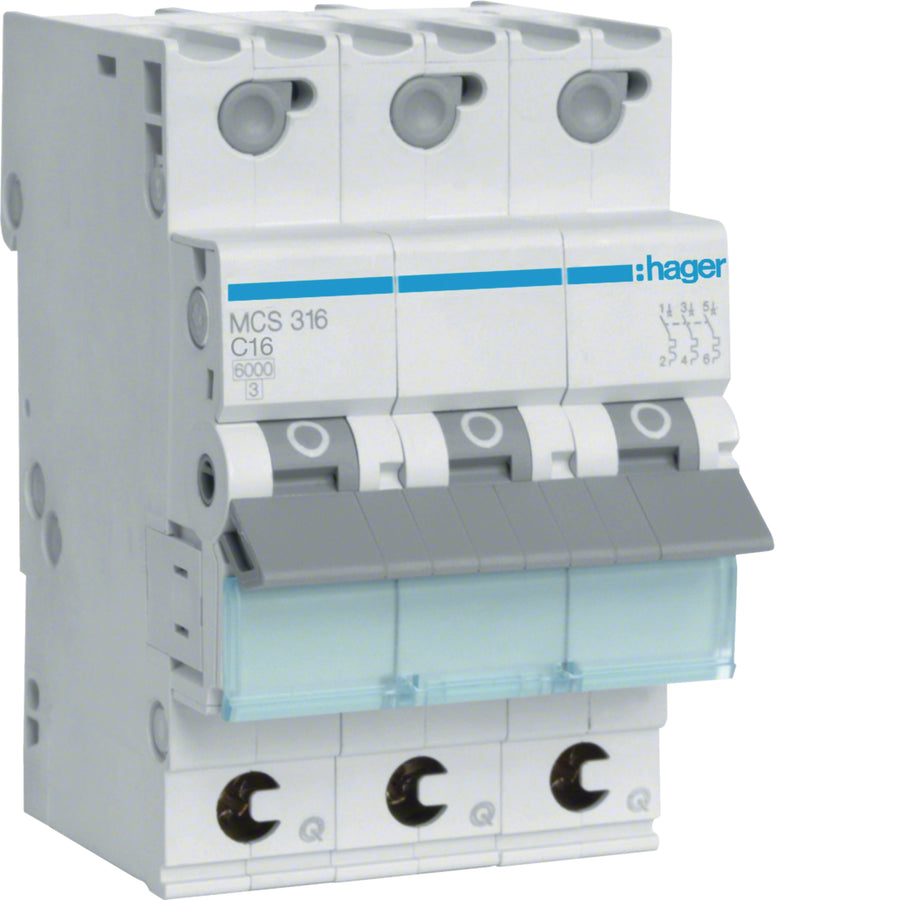 Disjoncteur miniature 3P, 6 kA C-16 A rapide connexion, 3M – Hager MCS316