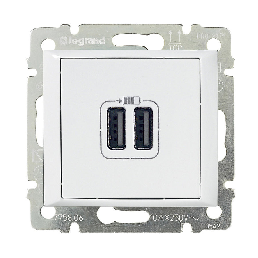 Chargeur USB 3A, 15W, coloris blanc, 2.4A, 12W, 2×USB-A – Legrand 770470