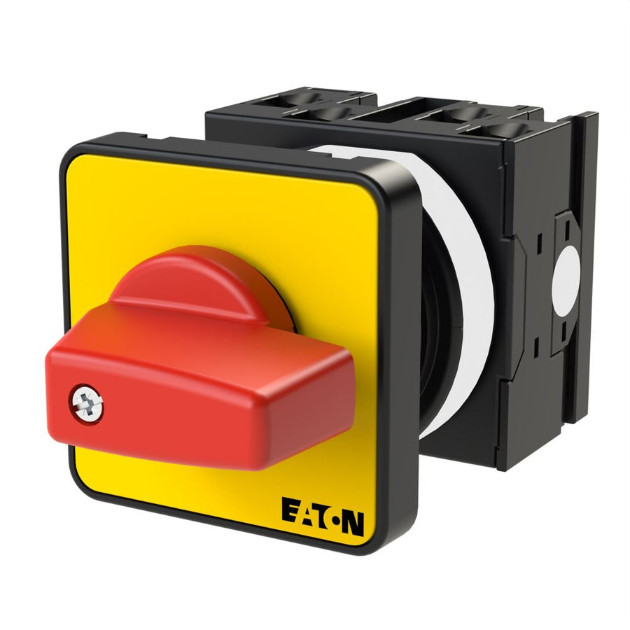 Interrupteur marche-arrêt T0 20 A encastré, 3 pôles, coupure d'urgence, manette rouge et plastron jaune – EATON 011082