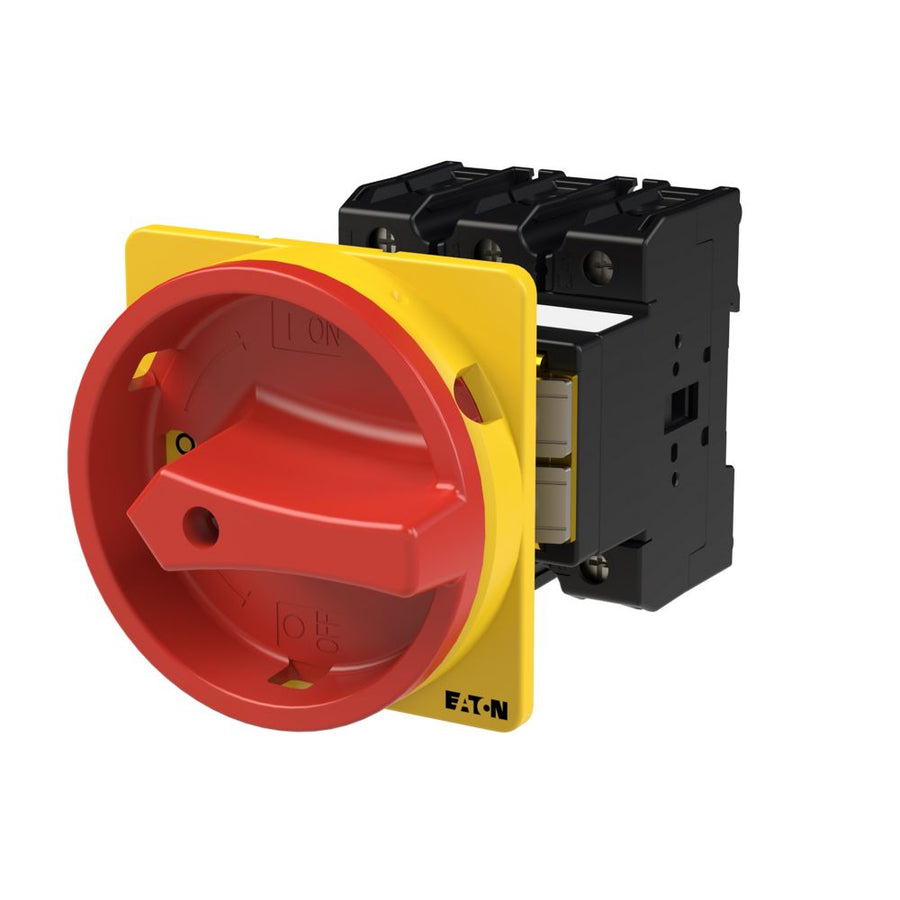 Interrupteur principal, P3, 100 A, rear mounting, 3 pôles, Emergency switching off function, avec rouge rotary handle et jaune locking ring, Lockable in the 0 (Of – EATON 088558