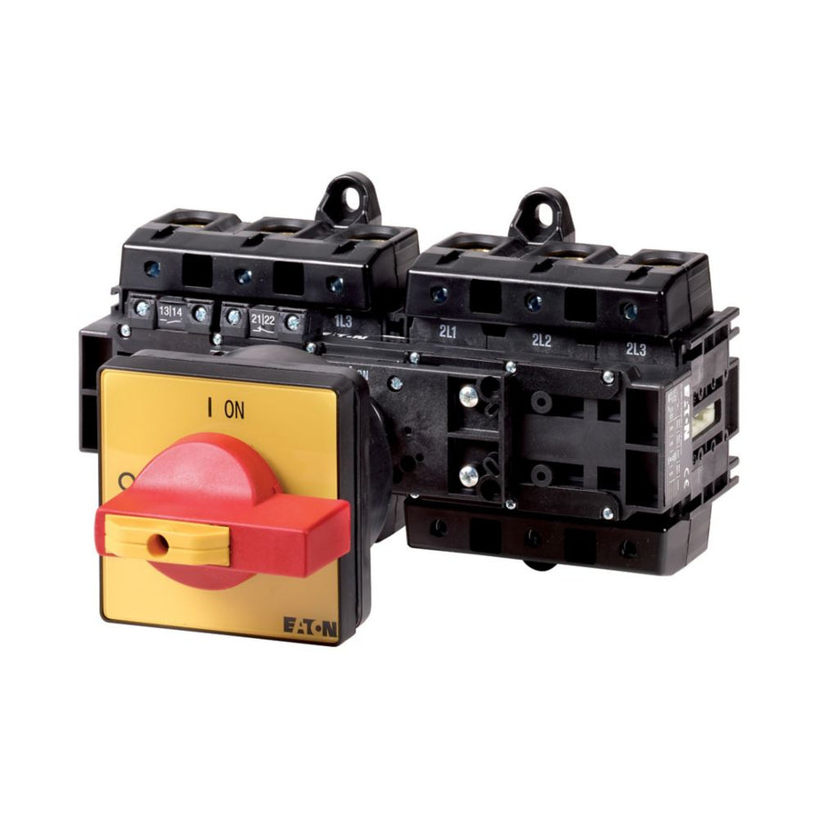 Interrupteur principal, T6, 160 A, rear mounting, 6 contact unit(s), 6 pôles, 1 N/O, 1 N/C, Emergency switching off function, avec rouge rotary handle et jaune lo – EATON 200619