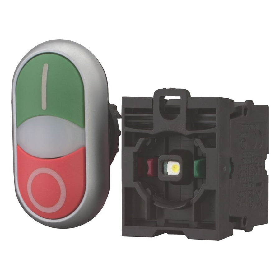 Double actuator bouton-poussoir, RMQ-Titan, Actuators et indicator lights non-flush, à impulsion, 1 NC, 1 N/O, blanc lens, Élément LED, 85 - 264 V AC, vert – EATON 216509