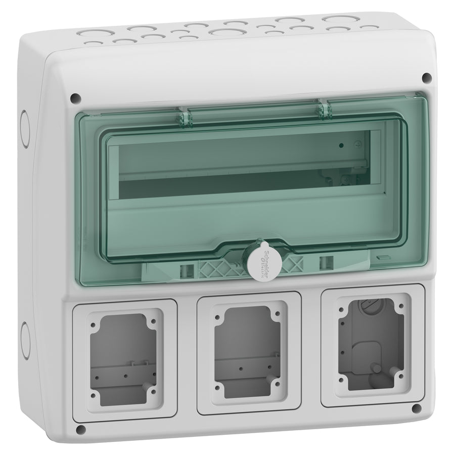 Coffret étanche Mureva Enclosure, 340×335 mm, IP65, porte: transparent vert, boîtier: polymère autoextinguible, surface, puissance Dissipation dans W: 28 W – Schneider Electric 13180