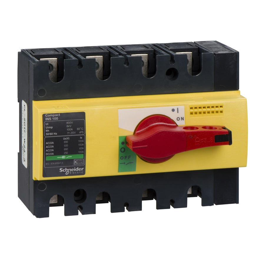 Interrupteur-sectionneur ComPact INS, 4P, 100 A, 250 V DC, rouge, IP40, poignée rotative – Schneider Electric 28925