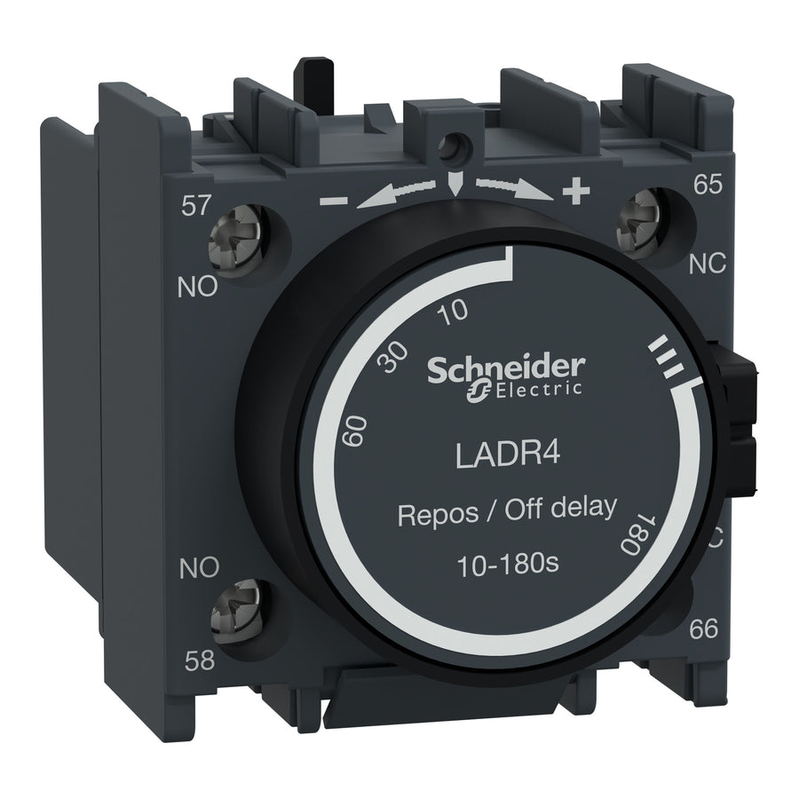 Temps temporisation bloc de contacts auxiliaires TeSys Deca, 1NO, bornes à vis, IP20, gris foncé, arrêt-temporisation, temps temporisation plage: 10–180s – Schneider Electric LADR4