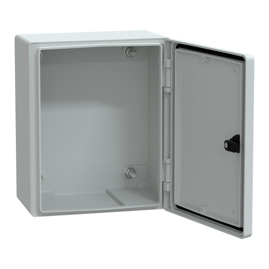 Coffret vide Thalassa PLM H308xW255xD160 mm, IP66, gris (RAL 7035), polyester renforcé de fibre de verre, montage mural, accessibilité pour l’exploitation: avant, appareil composition: 1 corps, indice de protection IK: IK10 – Schneider Electric NSYPL