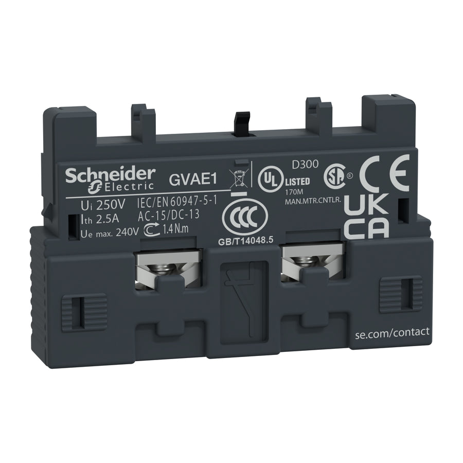 Bloc de contacts auxiliaires TeSys Deca - frame 2 GV2, 1NO, gris foncé, 24–240 V AC, GV2P, pôle contact composition: 1NO/NC – Schneider Electric GVAE1