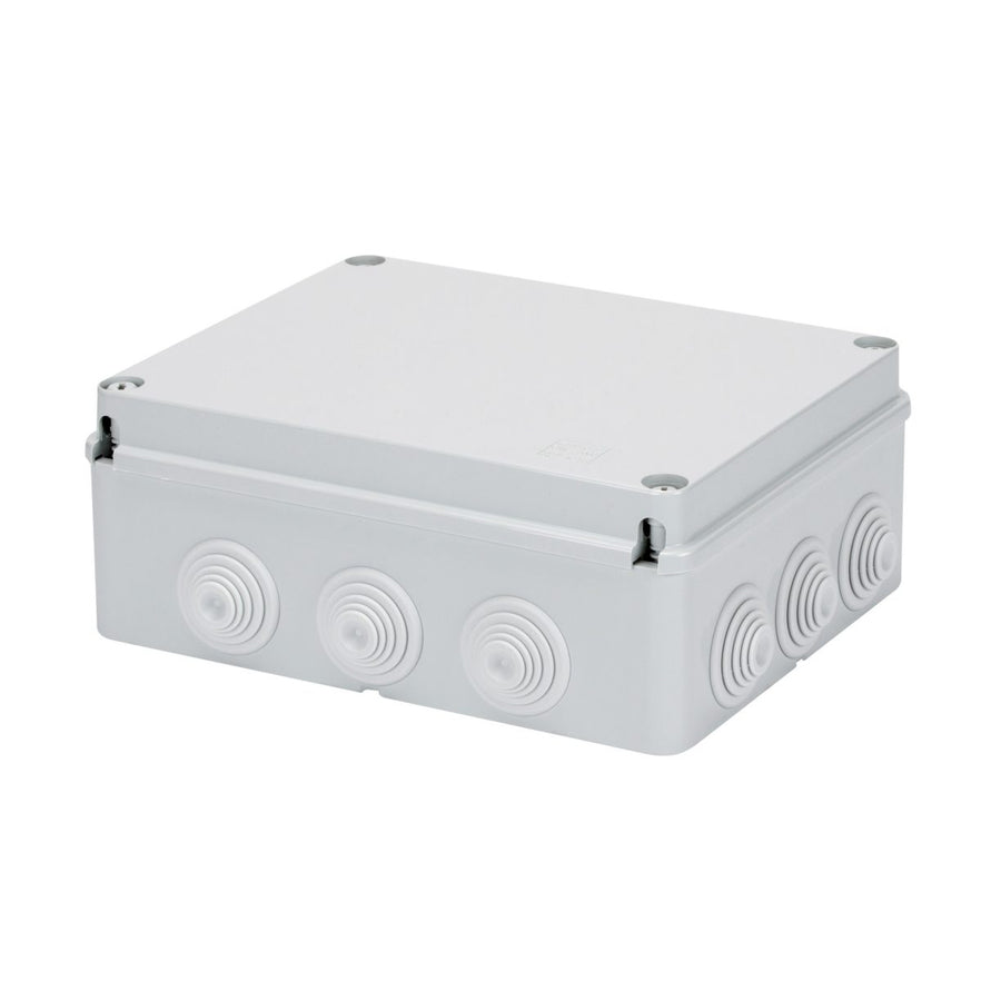 Boîte de dérivation avec couvercle plein vissé, IP55, dimensions internes 240x190x90, parois avec presse-étoupes, gris RAL 7035 – GEWISS GW44008