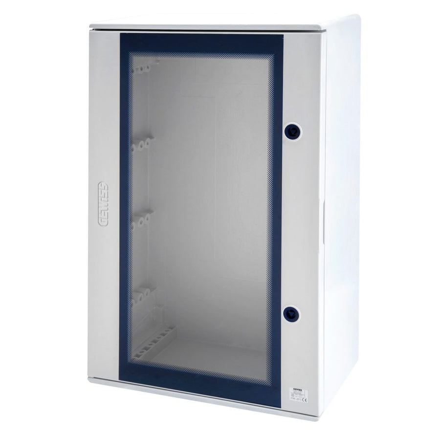 Coffret polyester à porte transparente équipée d’une serrure 405x650x200, IP66, gris RAL 7035 – GEWISS GW46204F