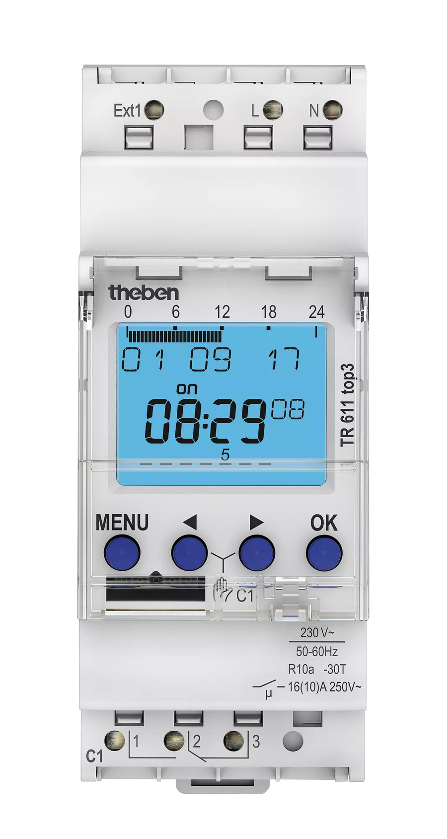 Horloge programmable digitale TR 611 top3, 230 V AC, 1 canal, programme hebdomadaire, programme annuel, 1 s, 2 modules – Theben 6110130
