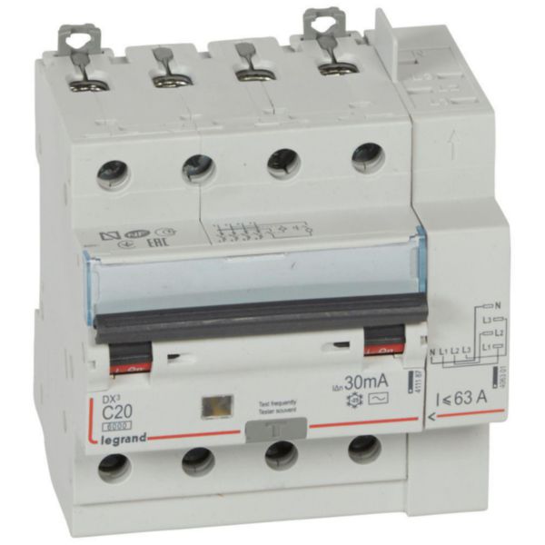 Disjoncteur différentiel avec protection contre les surintensités DX3 4P, 20 A, 6000 A, 10 kA, 400 V, 6 kA, 30 mA – Legrand 411198