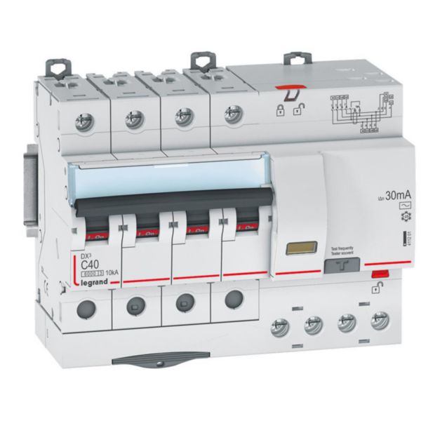 Disjoncteur différentiel avec protection contre les surintensités DX3 4P, 40 A, 6000 A, 10 kA, 400 V, 6 kA, 30 mA – Legrand 411201
