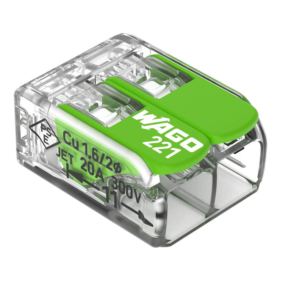 Connecteur d’épissurage à leviers 2 conducteurs, 4 mm², transparent – WAGO 221-422 – lot de 100