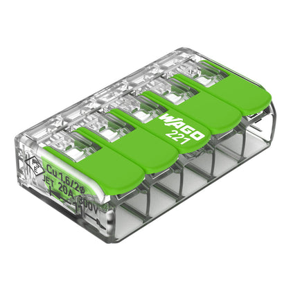 Connecteur d’épissurage à leviers 5 conducteurs, 4 mm², transparent – WAGO 221-425 – lot de 25