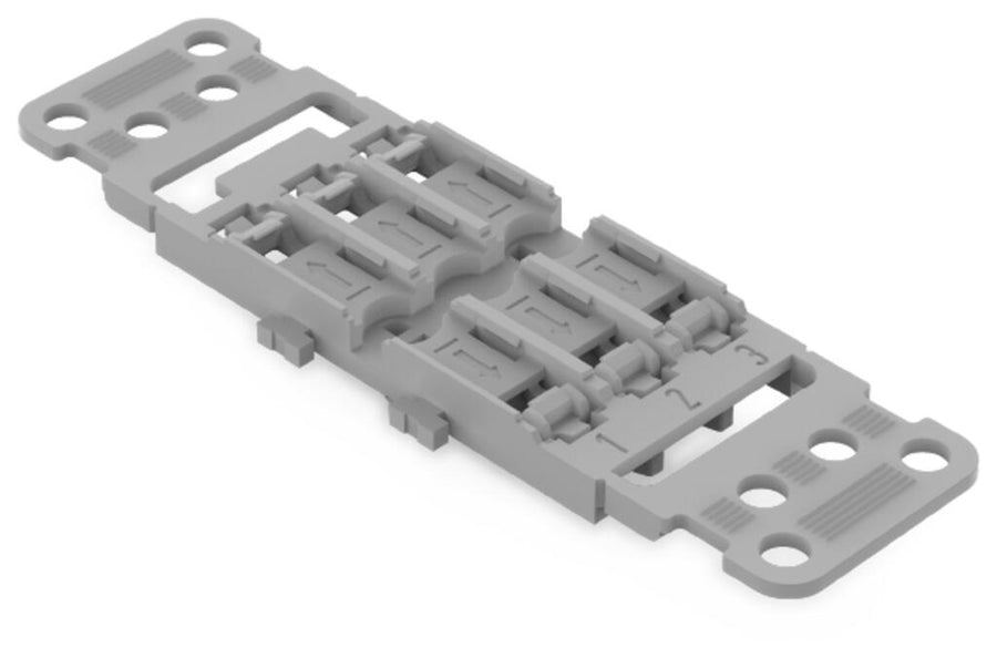 Support de montage avec décharge de traction 3 voies, pour connecteur d’épissurage en ligne avec levier, avec pied de montage encliquetable, gris – WAGO 221-2513 – lot de 5