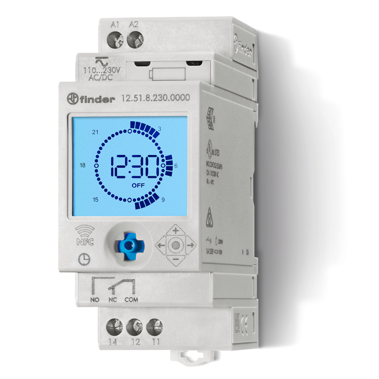 Interrupteur horaire numérique 35mm, 1CO, 16A, 110.230VUC, jour, semaine programmable par smartphone – FINDER 125182300000 – lot de 5