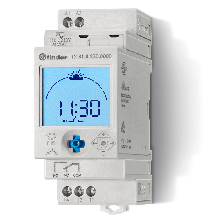 Interrupteur horaire astronomique 35mm, 1CO, 16A, 110.230VUC, programmable par smartphone – FINDER 128182300000 – lot de 5
