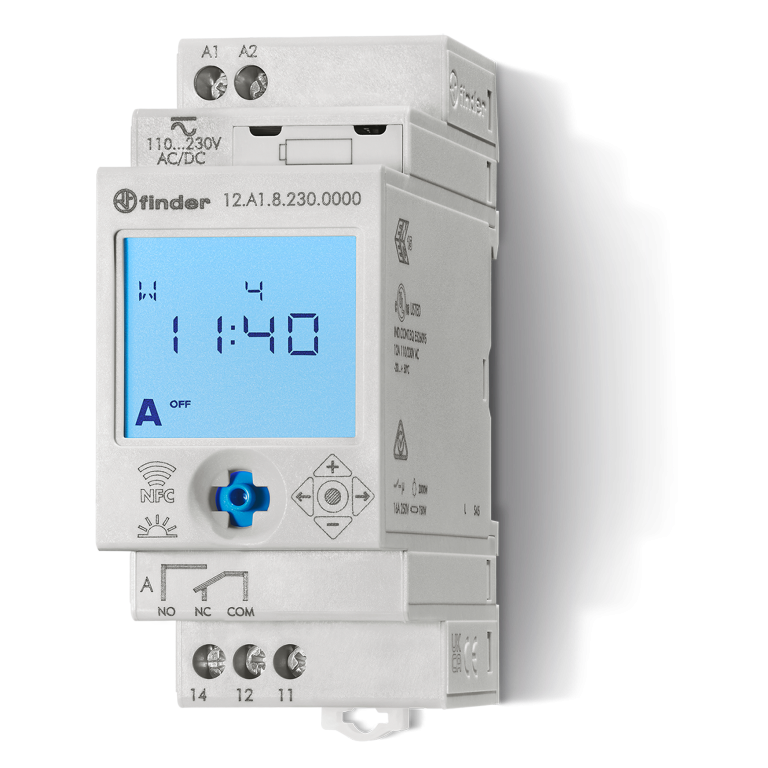 Interrupteur horaire astronomique 35mm, 1CO, 16A, 110.230VUC, programmable par smartphone – FINDER 12A182300000 – lot de 5