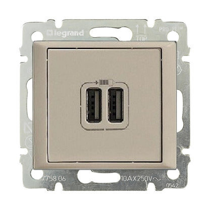 Chargeur USB 2.4A, 12W, coloris ivoire, 60Hz, montage encastré, 2×USB-A – Legrand 774170