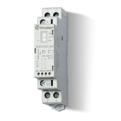 Contacteur modulaire 17.5mm, 2NO, 25A, 230VUC, AgNi, indicateur mécanique avec LED – FINDER 223202301320 – lot de 5