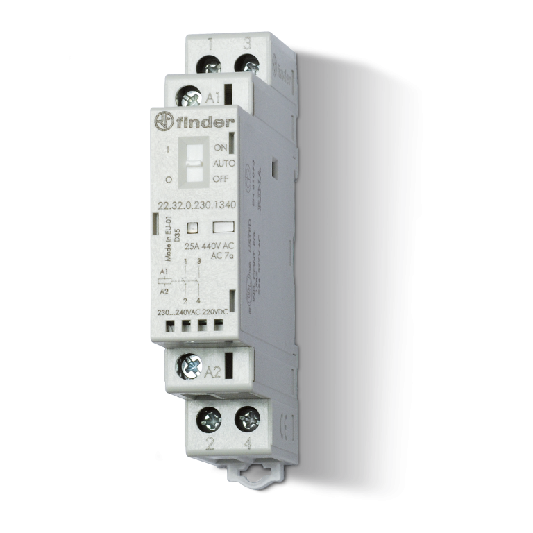 Contacteur modulaire 17.5mm, 2NO, 25A, 24VUC, AgSnO2, indicateur mécanique avec LED – FINDER 223200244320 – lot de 5