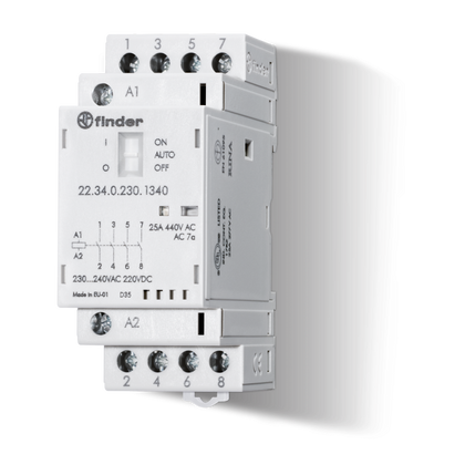 Contacteur modulaire 35mm, 4NO, 25A, 24VUC, AgSnO2, indicateur mécanique, LED – FINDER 223400244320 – lot de 5