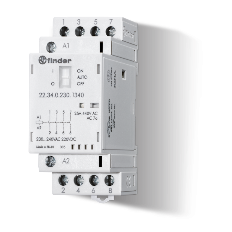 Contacteur modulaire 35mm, 4NO, 25A, 24VUC, AgSnO2, indicateur mécanique, LED – FINDER 223400244320 – lot de 5