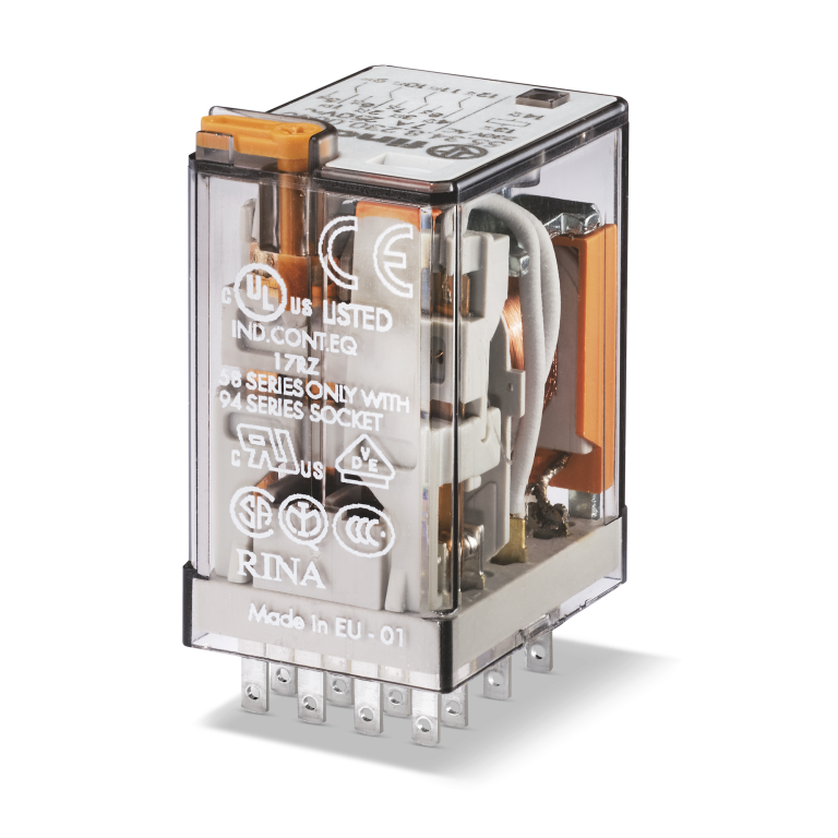 Relais universel 4CO, 7A, 24VDC, AgNi+Au, bouton de test, indicateur mécanique – FINDER 553490245040 – lot de 10