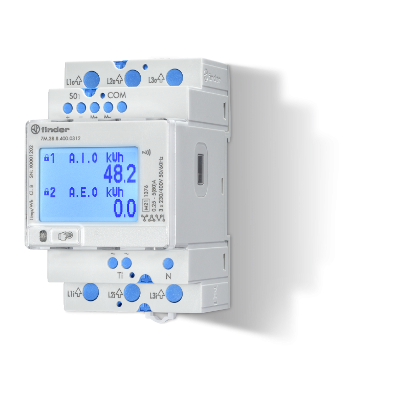 Compteur d’énergie multifonction., 3 phases, LCD, 80A, 3x230, 400VAC, 2, S0, IR, NFC, MID – FINDER 7M3884000112