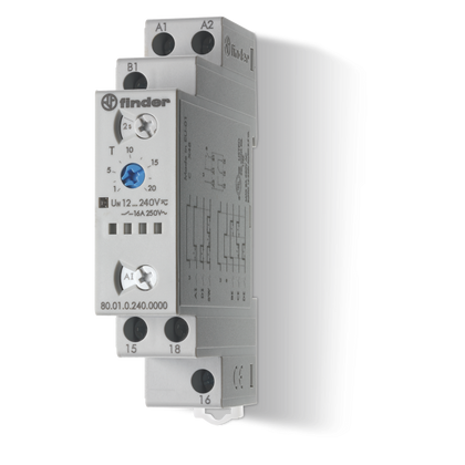 Relais temporisé modulaire 6 fonctions, 17.5mm, 1CO, 16A, 12...240VUC, applications sur rail – FINDER 800102400000T – lot de 5