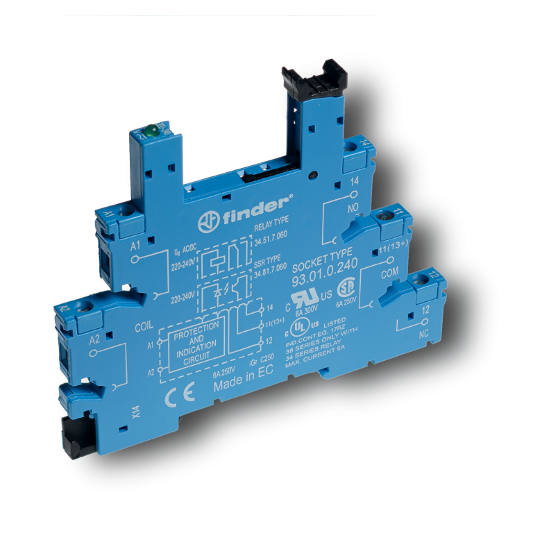 Socle relais à vis bleu 6+12+, 24VDC, pour rail de 35 mm, rail, 34.51/81 – FINDER 93017024 – lot de 10