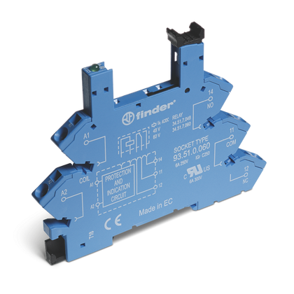 Socle relais à bornes à cage bleu 6+12+, 24VUC, pour rail de 35 mm, rail, 34.51 – FINDER 93510024 – lot de 10