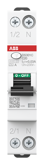 DS301CA-C20/0,03 FI/LS-Schalter 6kA, 1P+N, Typ A, C20, 30mA – ABB 2CSR255163R1204