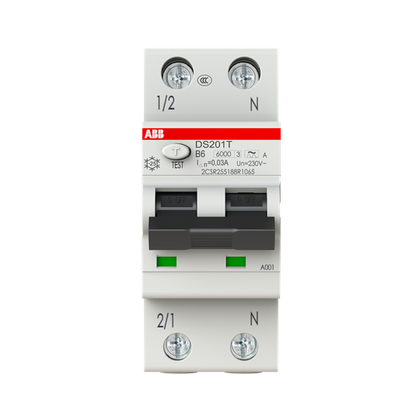 DS201AT-B6/0,03 FI/LS-Schalter 6kA, 1P+N, Typ A, Bahn, B6, 30mA – ABB 2CSR255188R1065