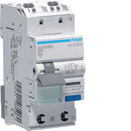 Disjoncteur différentiel, 1P+N, 13 A, 30 mA, 6 kA, type A, QC – Hager ADS913D
