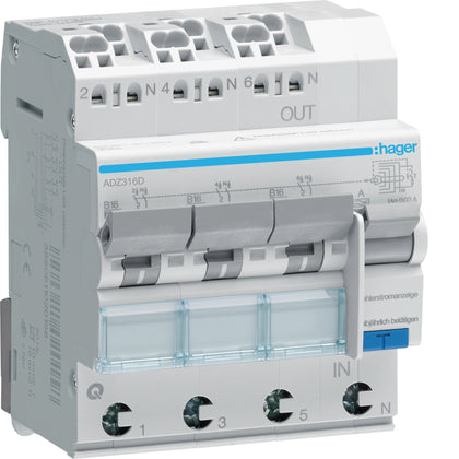 Disjoncteur différentiel avec protection contre les surintensités 3 - 3x1P+N, 6 kA B-16 A, 30 mA A QC/QBB – Hager ADZ316D