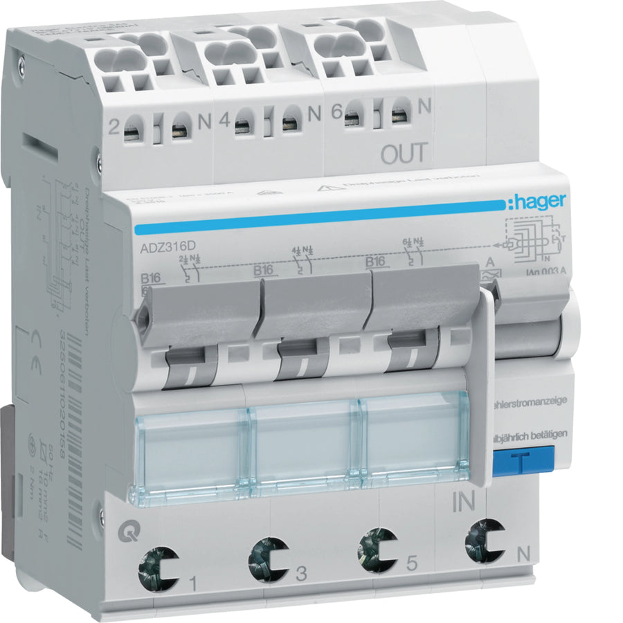Disjoncteur différentiel avec protection contre les surintensités 3 - 3x1P+N, 6 kA B-16 A, 30 mA A QC/QBB – Hager ADZ316D