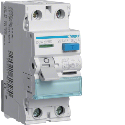 Courant protecteur 2 pôle, 25 A / 0.01 A, type A, 6 kA – Hager CCA225D