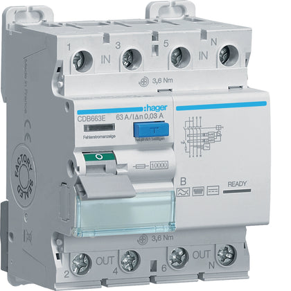 Interrupteur différentiel 3P+N, 63 A, 30 mA B – Hager CDB663E