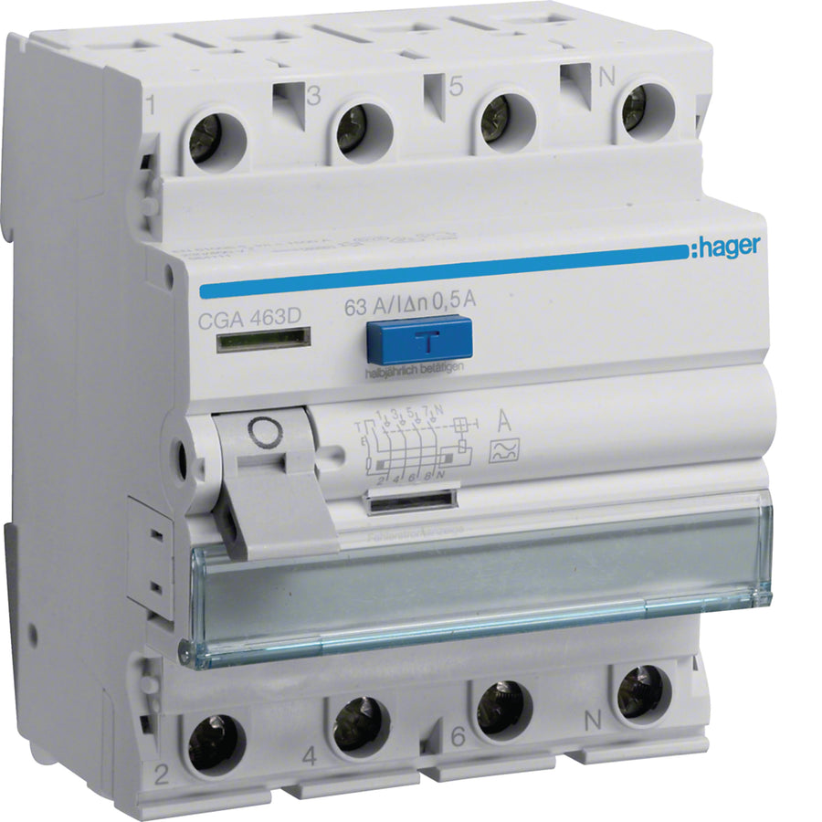 Interrupteur différentiel 4P, 63 A, 500 mA, type A – Hager CGA463D