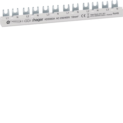 Barre omnibus peigne, 3P+N, 10mm2/12modules pour 6 unités 1+N (L1+N, L2+N, L3+N) – Hager KDS563A