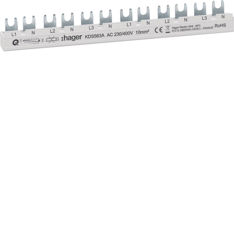 Barre omnibus peigne, 3P+N, 10mm2/12modules pour 6 unités 1+N (L1+N, L2+N, L3+N) – Hager KDS563A